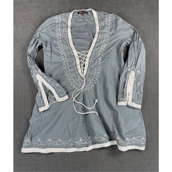 Adrienne Vittadini Tunic Top Womens M Blue Embroidered Boho Lace Up Peasant - Picture 1 of 6